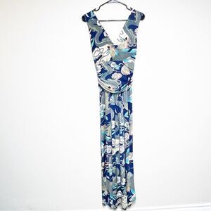 Onjenu London Koi Fish Sleeveless V Neck Navy Jersey Maxi Dress Size 4